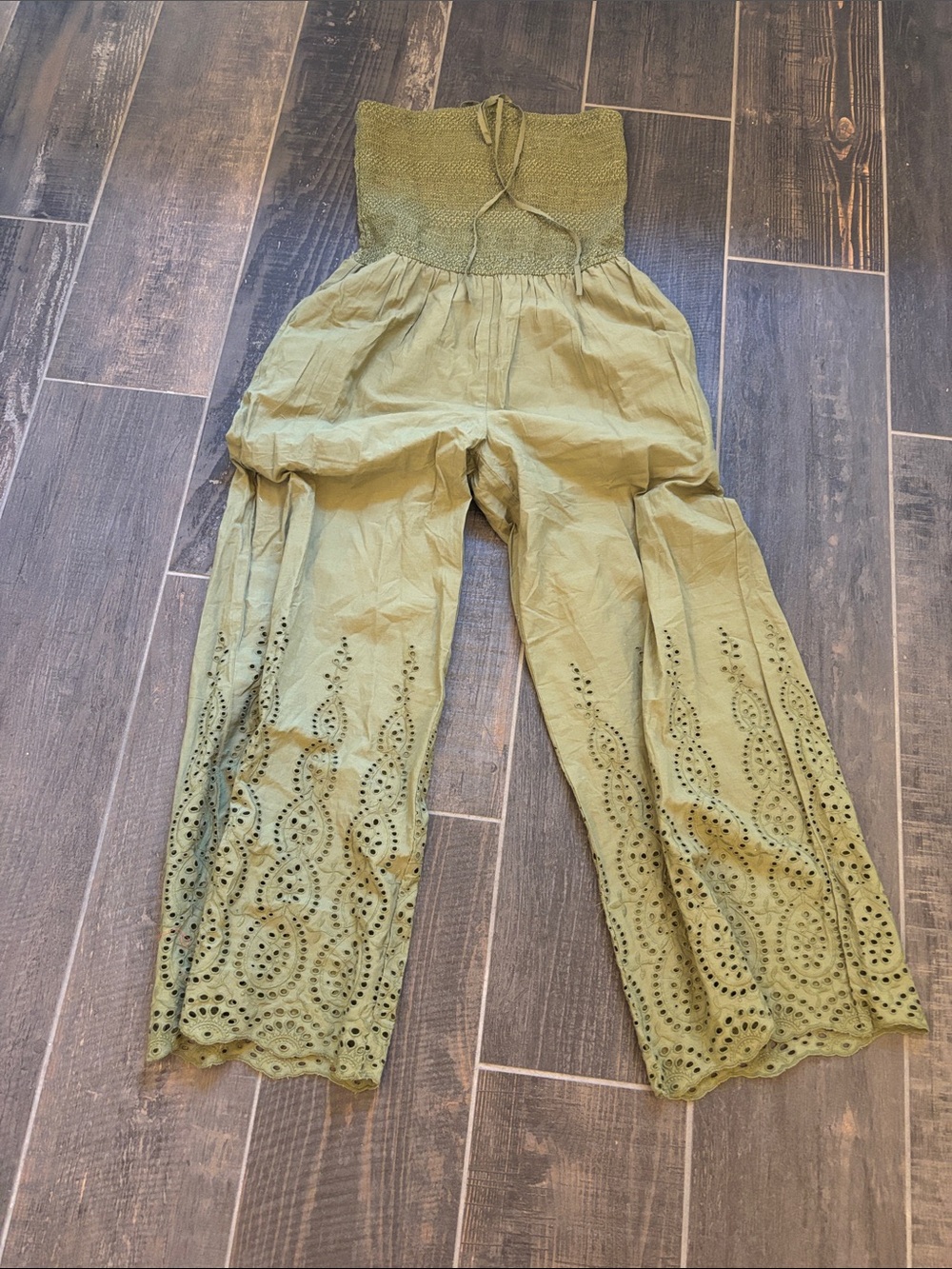 Olive Eyelet Wide-Leg Smocked Jumpsuit
